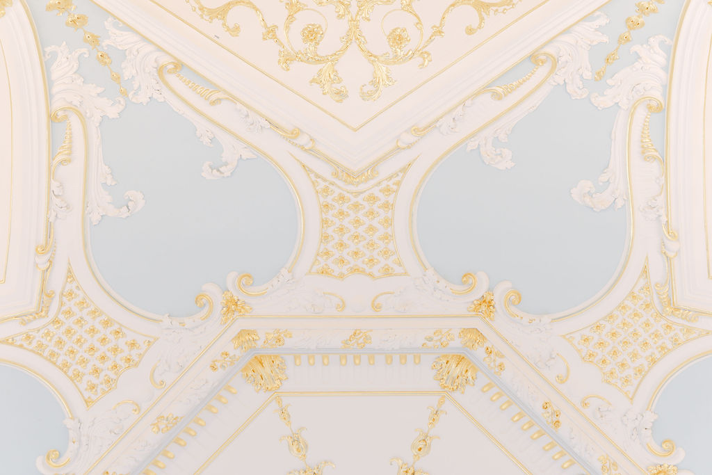 The ornate blue and gold baroque ceiling of the Octagon Room at Orleans House Gallery.