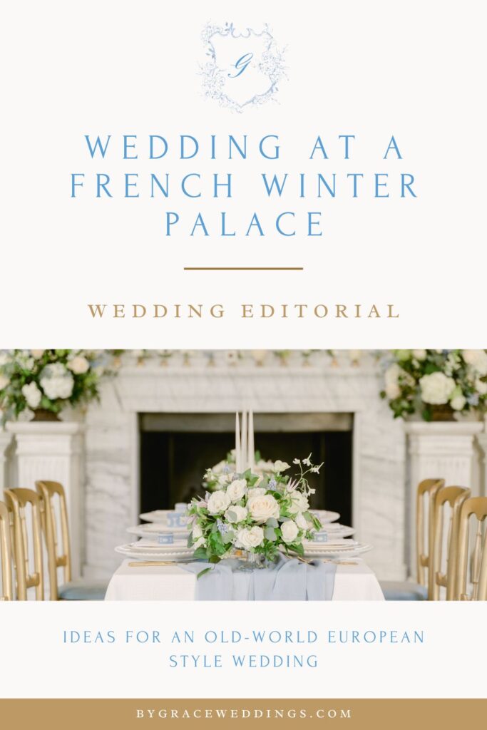 graphic made for Pinterest showing the wedding tablescape against a background of the marble fireplace, with pedestal arrangements to either side of the table.